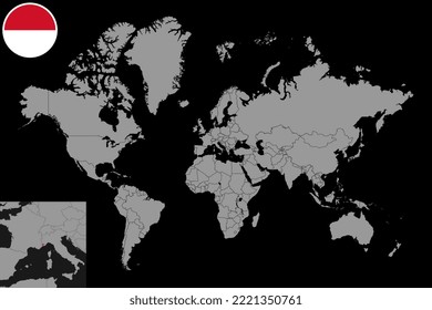 Pin map with Monaco flag on world map. Vector illustration.