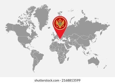 Pin map with Montenegro flag on world map. Vector illustration.