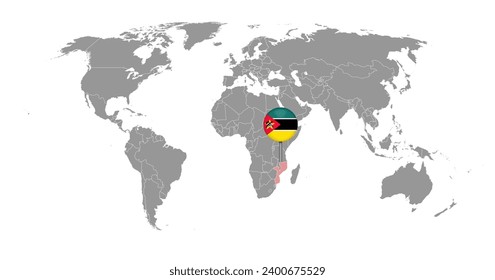 Pin map with Mozambique flag on world map. Vector illustration.