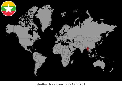 Mapa con la bandera de Myanmar en el mapa del mundo. Ilustración vectorial.