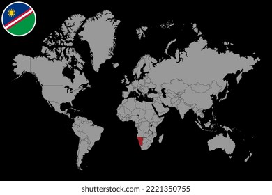 Pin map with Namibia flag on world map. Vector illustration.