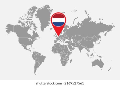 Pin map with Netherlands flag on world map. Vector illustration.