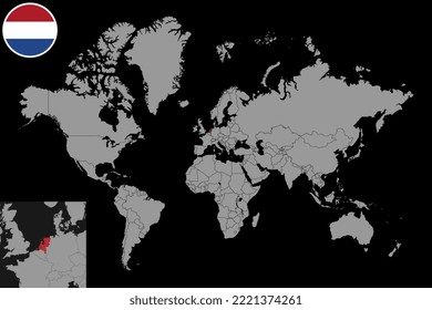 Pin map with Netherlands flag on world map. Vector illustration.
