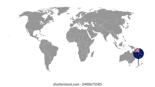 Pin map with New Zealand flag on world map. Vector illustration.