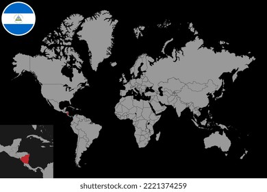 Pin map with Nicaragua flag on world map. Vector illustration.