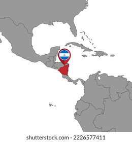 Pin map with Nicaragua flag on world map. Vector illustration.