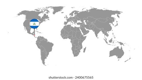 Pin map with Nicaragua flag on world map. Vector illustration.