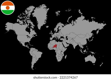 Pin map with Niger flag on world map. Vector illustration.