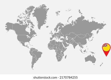 Pin map with Niue flag on world map. Vector illustration.