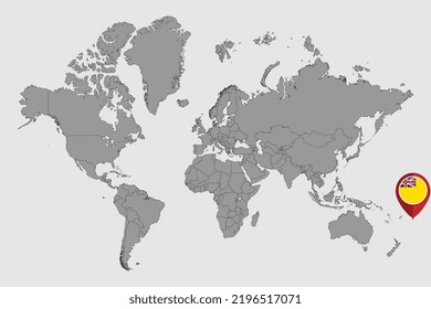 Pin map with Niue flag on world map. Vector illustration.