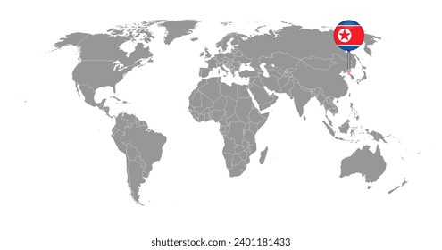 Pin map with North Korea flag on world map. Vector illustration.