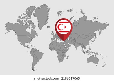 Mapa de pines con la bandera del norte de Chipre en el mapa del mundo. Ilustración vectorial.