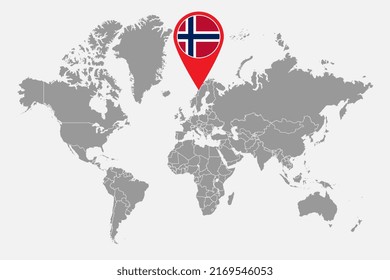 Pin map with Norway flag on world map. Vector illustration.