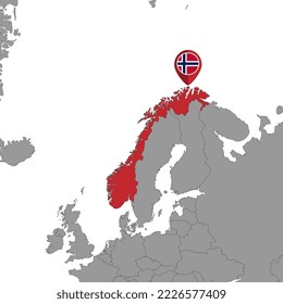 Mapa con la bandera de Noruega en el mapa del mundo. Ilustración vectorial.