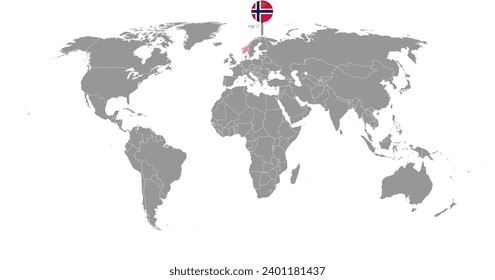 Pin map with Norway flag on world map. Vector illustration.