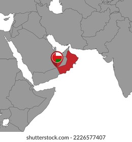 Pin map with Oman flag on world map. Vector illustration.