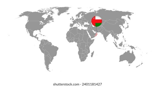 Pin-Karte mit Oman-Flagge auf der Weltkarte. Vektorgrafik.