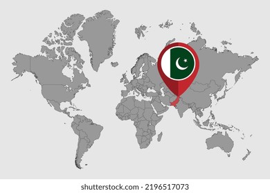 Pin map with Pakistan flag on world map. Vector illustration.