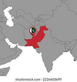 Mapa con la bandera de Pakistán en el mapa del mundo. Ilustración vectorial.