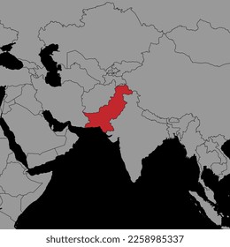 Mapa con la bandera de Pakistán en el mapa del mundo. Ilustración vectorial.