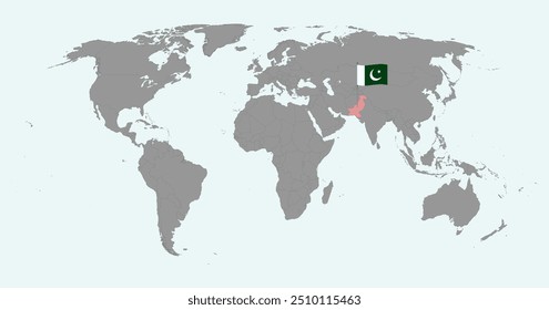 Mapa do pino com bandeira do Paquistão no mapa do mundo. Ilustração vetorial.