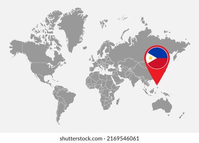 Pin map with Philippines flag on world map. Vector illustration.