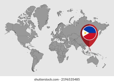 Mapa con la bandera de Filipinas en el mapa del mundo. Ilustración vectorial.