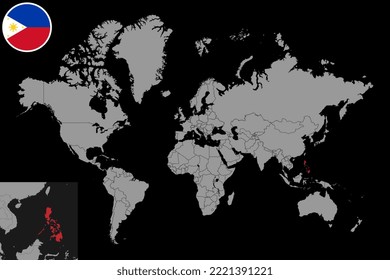 Pin map with Philippines flag on world map. Vector illustration.