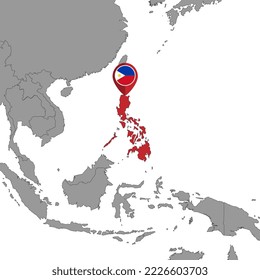 Pin map with Philippines flag on world map. Vector illustration.