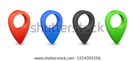 Pin map place location 3d icons. Color gps map pins. Place location and destination signs. Navigation pin pointers vector set