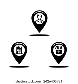 Ilustración del símbolo del diseño del vector del punto de la ubicación, sobre el centro de salud público, médico, hospital, farmacia, etc. 