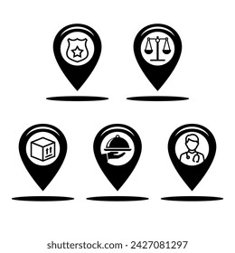 Pin Map Point location destination vector design symbol illustration icon set, about public service center, doctor, hospital, police station, court house, courier, delivery, restaurant, etc. 