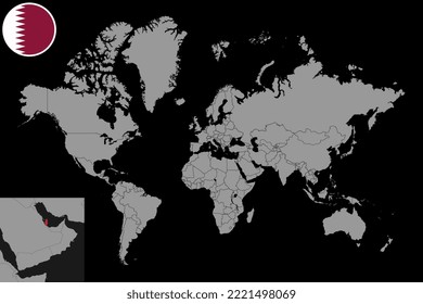 Pin map with Qatar flag on world map. Vector illustration.