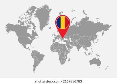 Pin map with Romania flag on world map. Vector illustration.