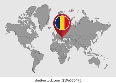 Pin map with Romania flag on world map. Vector illustration.