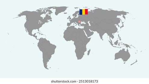 Pin mapa con la bandera de Rumania en el mapa mundial. Ilustración vectorial.