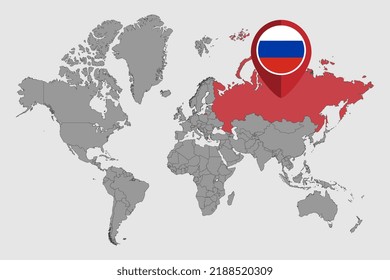 Mapa de pines con la bandera de Rusia en el mapa del mundo.Ilustración vectorial.