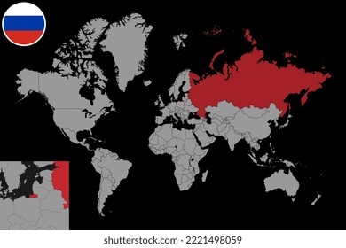 Pin map with Russia flag on world map.Vector illustration.