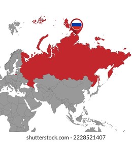 Mapa de pines con la bandera de Rusia en el mapa del mundo.Ilustración vectorial.