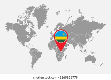 Mapa de pines con la bandera de Ruanda en el mapa mundial. Ilustración vectorial.
