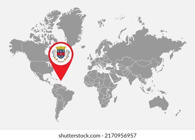 Pin map with Saint Barthelemy flag on world map. Vector illustration.