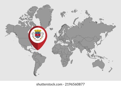 Pin map with Saint Barthelemy flag on world map. Vector illustration.