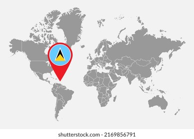 Pin map with Saint Lucia flag on world map. Vector illustration.