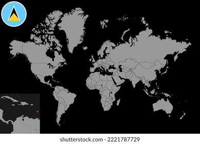 Pin map with Saint Lucia flag on world map. Vector illustration.