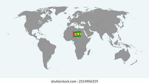 Mapa do pino com a bandeira de São Tomás e Príncipe no mapa do mundo. Ilustração vetorial.