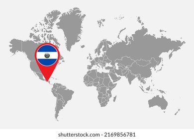 Pin map with Salvador flag on world map. Vector illustration.
