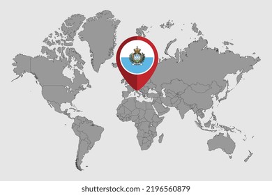 Pin map with San Marino flag on world map. Vector illustration.