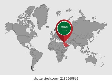 Pin map with Saudi Arabia flag on world map. Vector illustration.