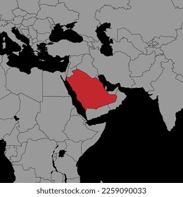 Mapa de pines con la bandera de Arabia Saudita en el mapa del mundo. Ilustración vectorial.