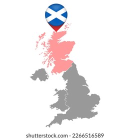 Pin map with Scotland flag, UK region map. Vector illustration.